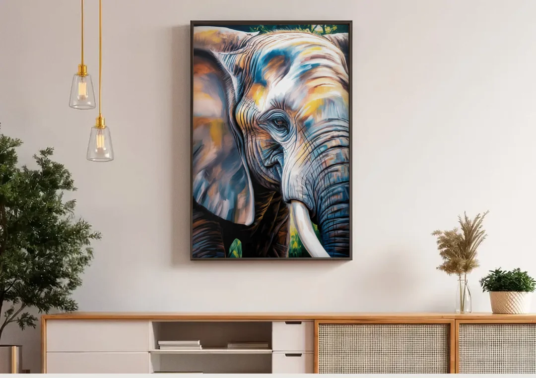 Captivating Elephant Eye Close-Up canvas wall art above a wooden sideboard under pendant lights