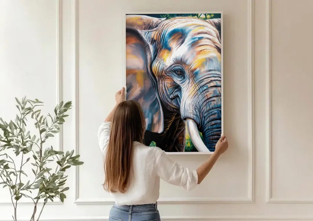 Captivating Elephant Eye Close-Up canvas wall art being hung on a paneled wall