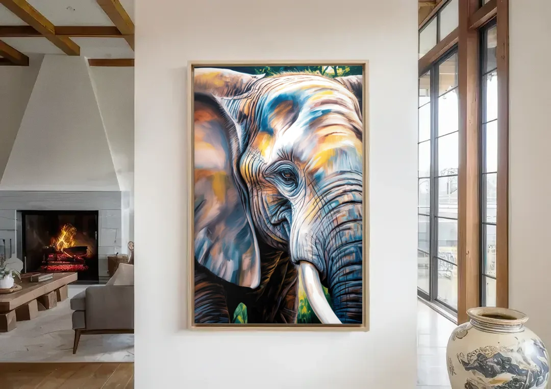 Captivating Elephant Eye Close-Up canvas wall art in a living room with a fireplace