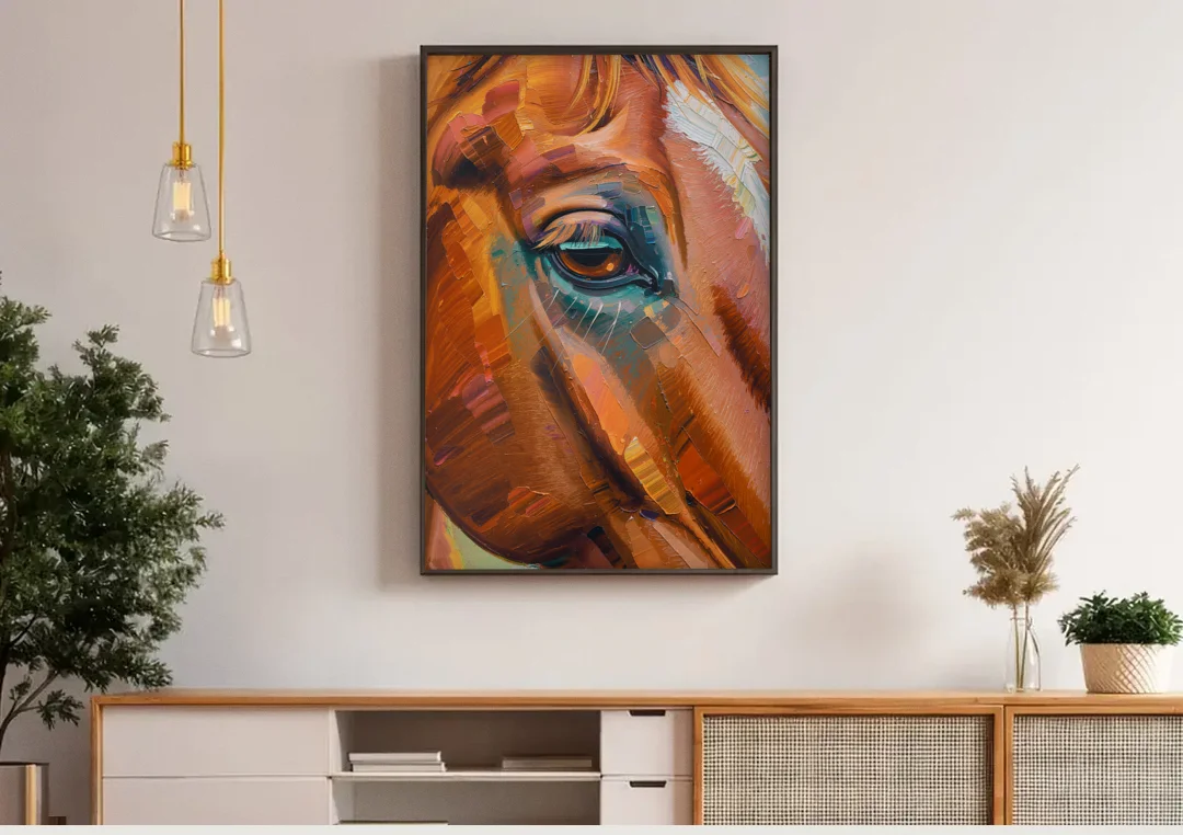 Captivating Horse Eye Close-Up canvas wall art above a wooden sideboard under pendant lights