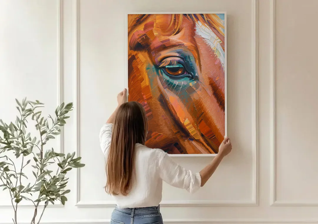 Captivating Horse Eye Close-Up canvas wall art being hung on a paneled wall