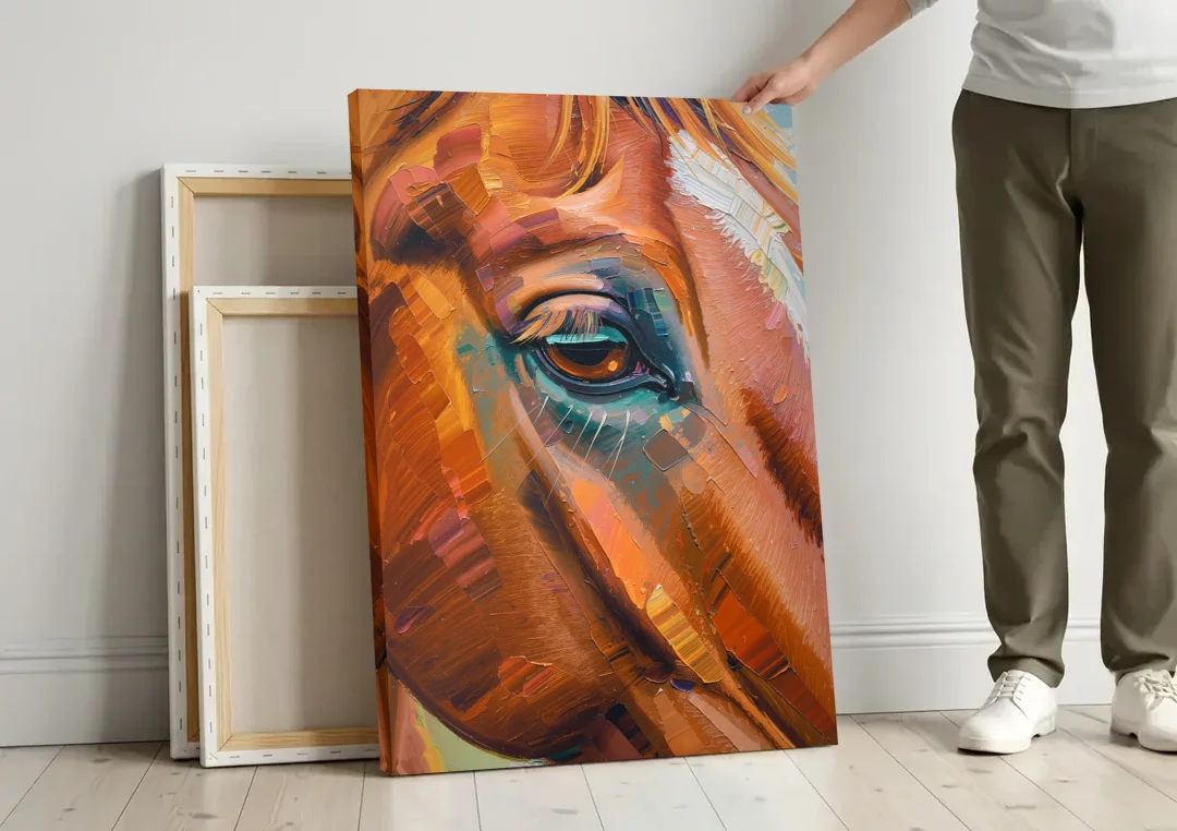 Captivating Horse Eye Close-Up canvas wall art leaning against a wall next to blank canvases