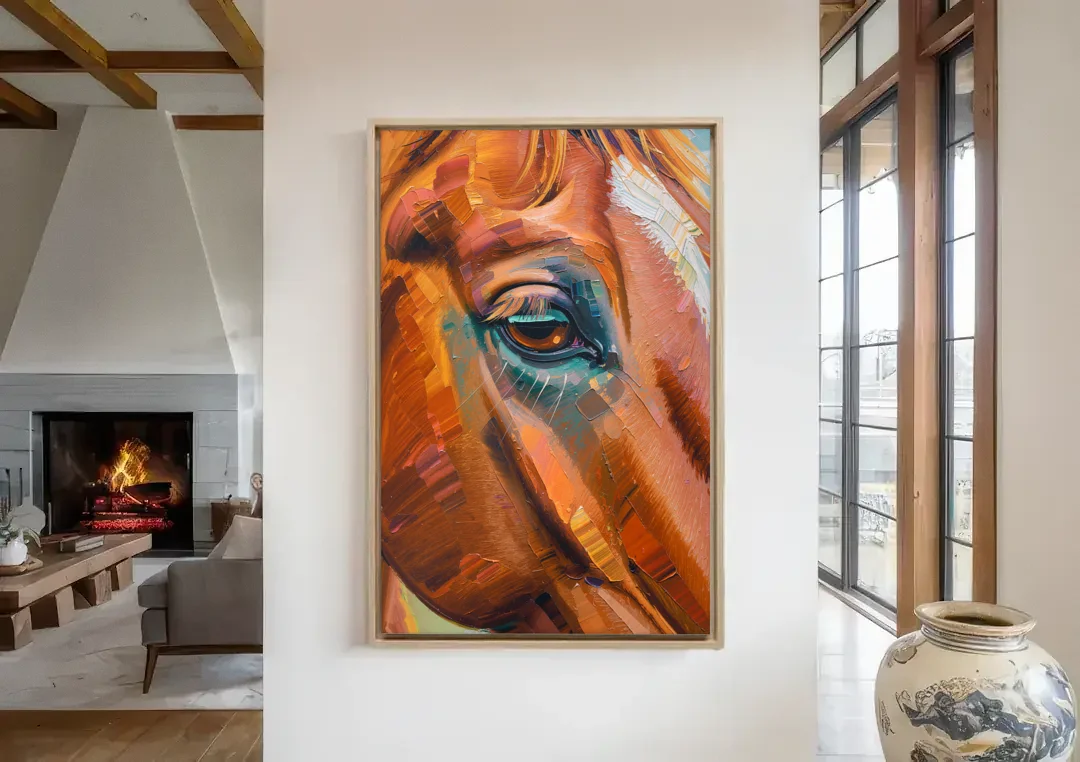 Captivating Horse Eye Close-Up canvas wall art in a living room with a fireplace