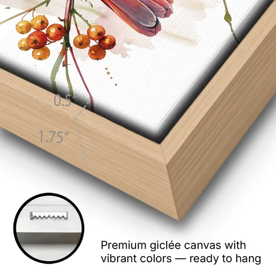 Cardinal Art Print with Bittersweet Vine - Oak Framed Canvas Wall Art - Gallery Wrap Corner