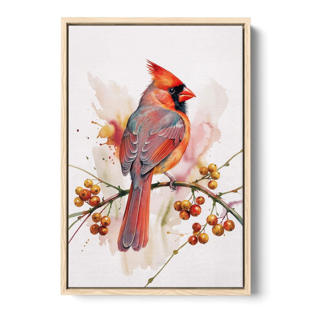Cardinal Art Print with Bittersweet Vine - Oak Framed Canvas Wall Art - Front