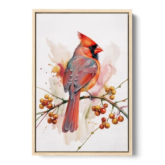 Cardinal Art Print with Bittersweet Vine - Oak Framed Canvas Wall Art - Front