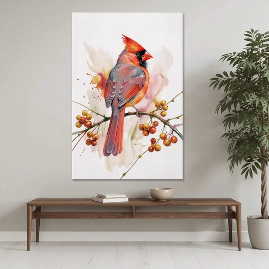 Cardinal Art Print with Bittersweet Vine - Canvas Wall Art - Coffee Table - 40x60