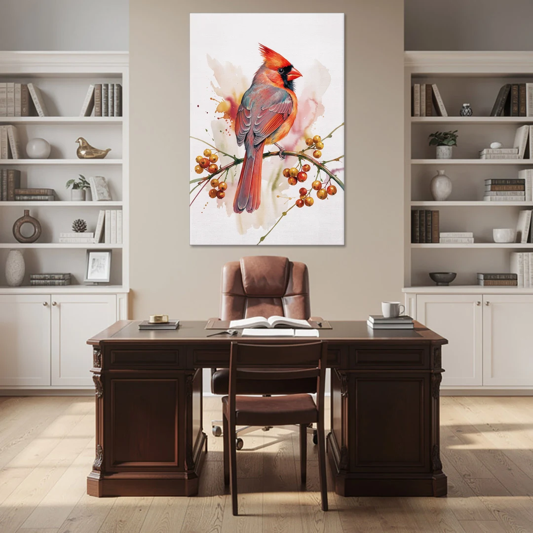 Cardinal Art Print with Bittersweet Vine - Canvas Wall Art - Office - 40x60
