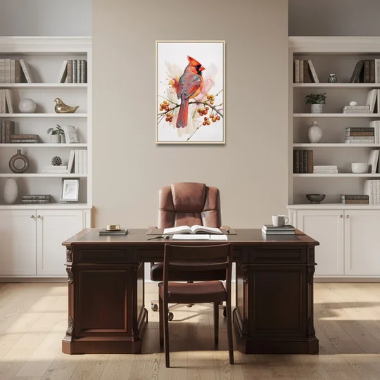 Cardinal Art Print with Bittersweet Vine - Oak Framed Canvas Wall Art - Office - 24x36