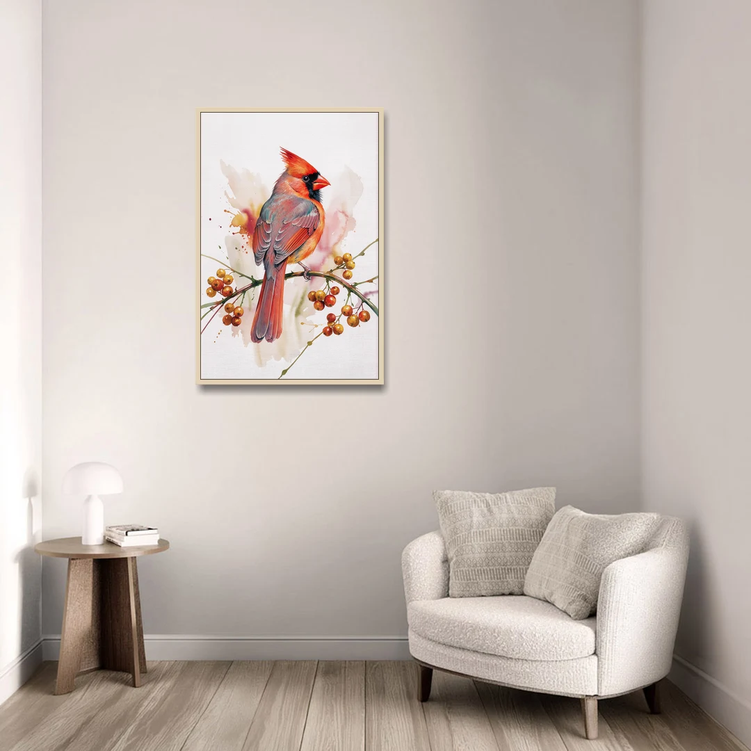 Cardinal Art Print with Bittersweet Vine - Oak Framed Canvas Wall Art - Sofa - 24x36