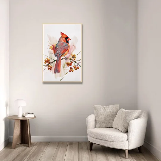 Cardinal Art Print with Bittersweet Vine - Oak Framed Canvas Wall Art - Sofa - 24x36
