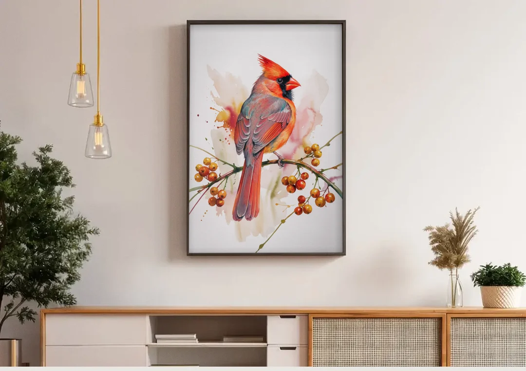 Cardinal Art Print with Bittersweet Vine canvas wall art above a wooden sideboard under pendant lights