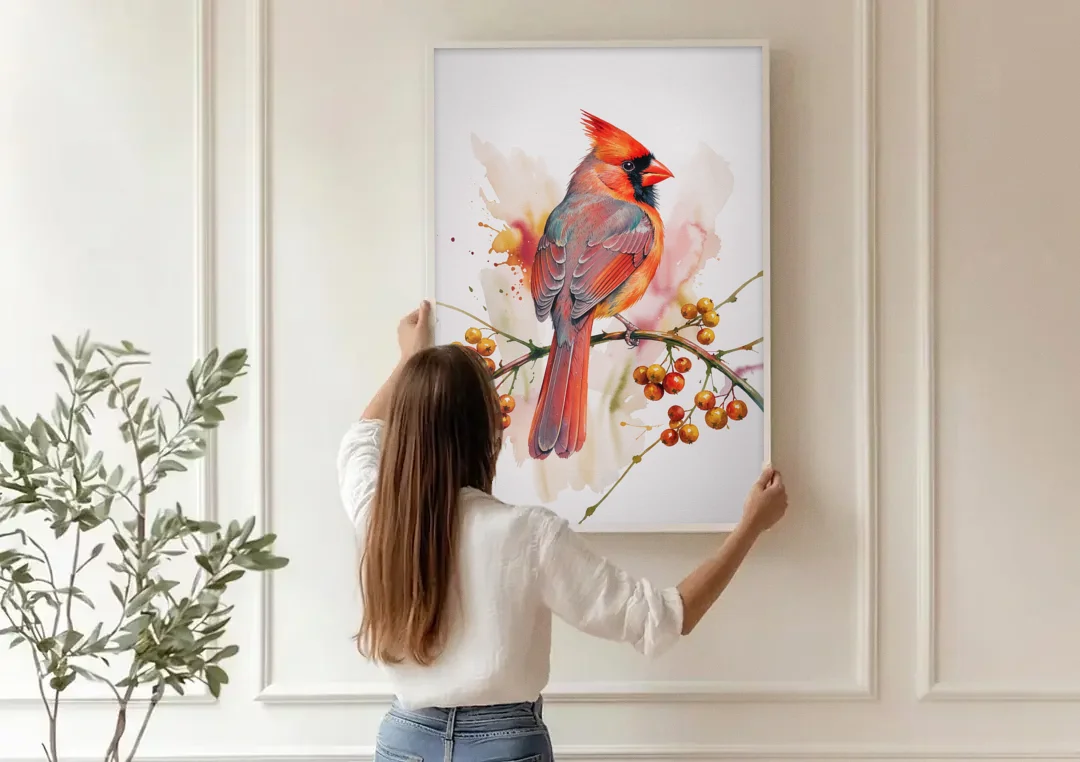 Cardinal Art Print with Bittersweet Vine canvas wall art being hung on a paneled wall