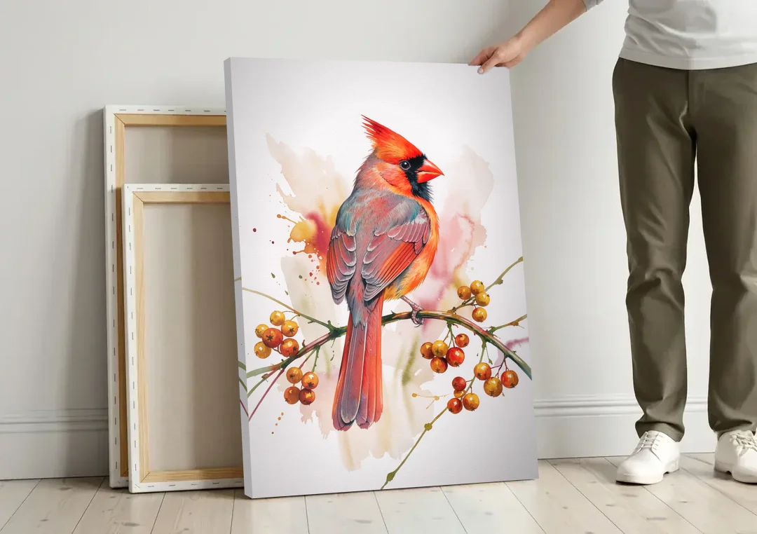 Cardinal Art Print with Bittersweet Vine canvas wall art leaning against a wall next to blank canvases