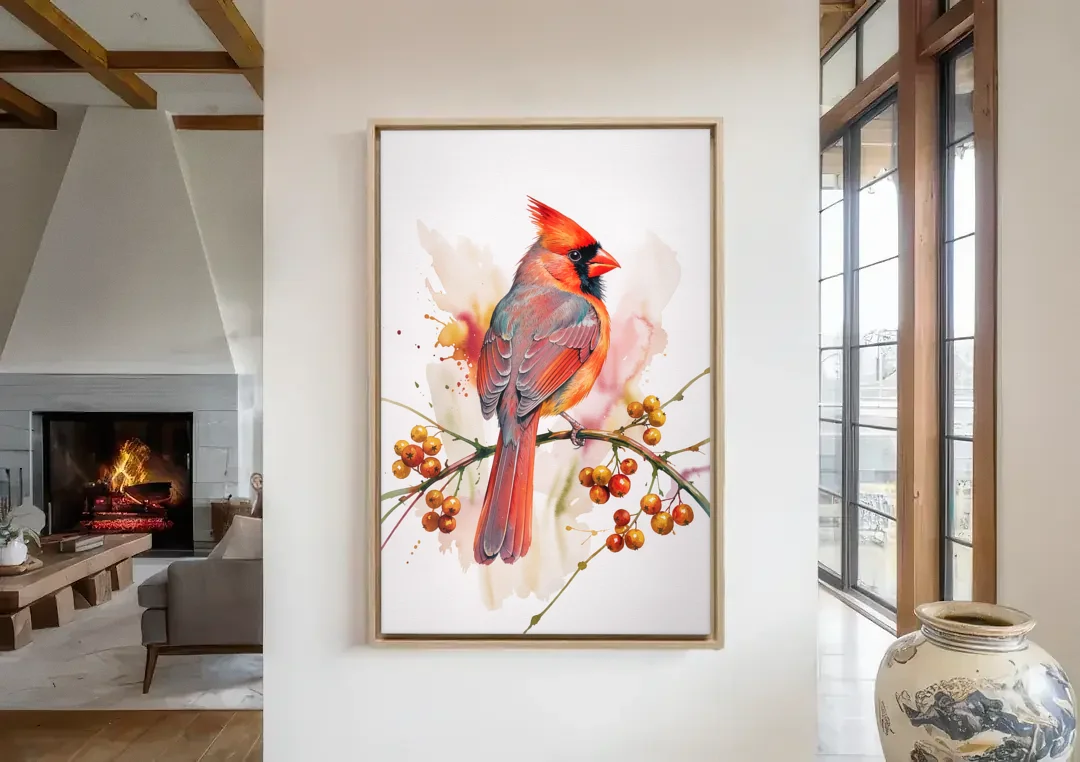 Cardinal Art Print with Bittersweet Vine canvas wall art in a living room with a fireplace