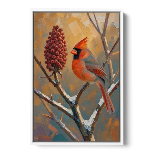 Cardinal Beside a Staghorn Sumac Cone - White Framed Canvas Wall Art - Front
