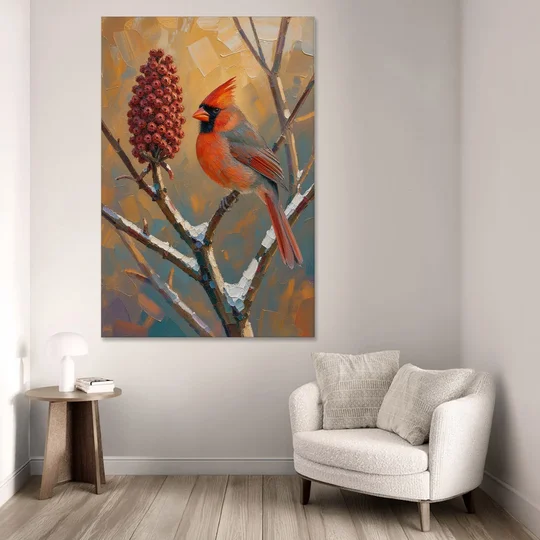 Cardinal Beside a Staghorn Sumac Cone - Canvas Wall Art - Sofa - 40x60