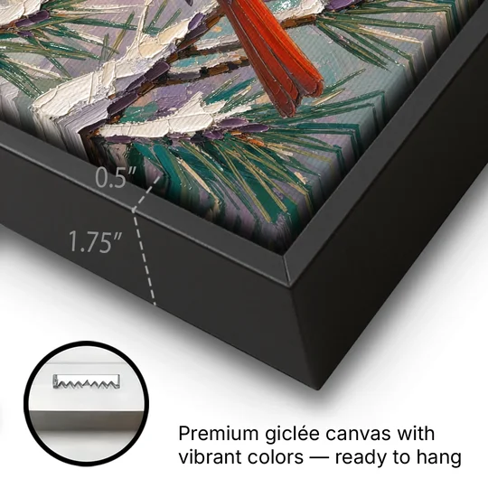Cardinal Bird Painting at Winter Sunset - Black Framed Canvas Wall Art - Gallery Wrap Corner
