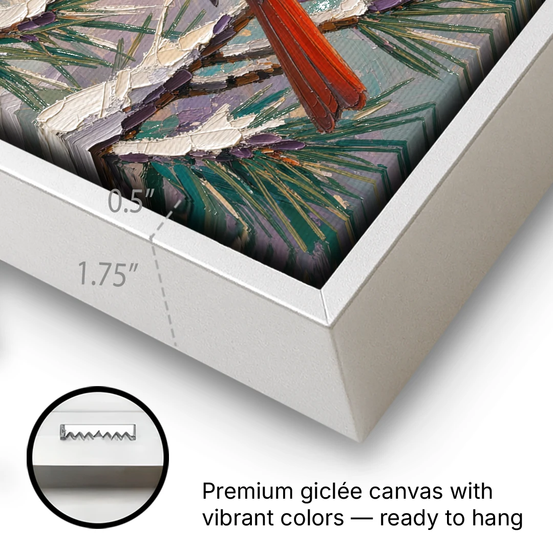 Cardinal Bird Painting at Winter Sunset - White Framed Canvas Wall Art - Gallery Wrap Corner