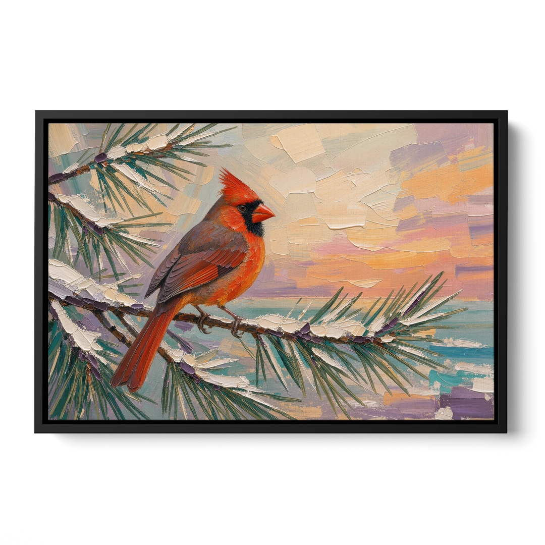 Cardinal Bird Painting at Winter Sunset - Black Framed Canvas Wall Art - Front