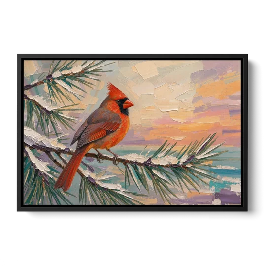 Cardinal Bird Painting at Winter Sunset - Black Framed Canvas Wall Art - Front