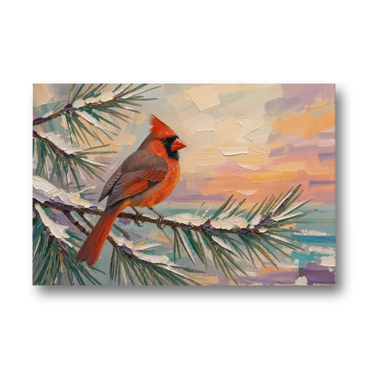 Cardinal Bird Painting at Winter Sunset - Canvas Wall Art - Front