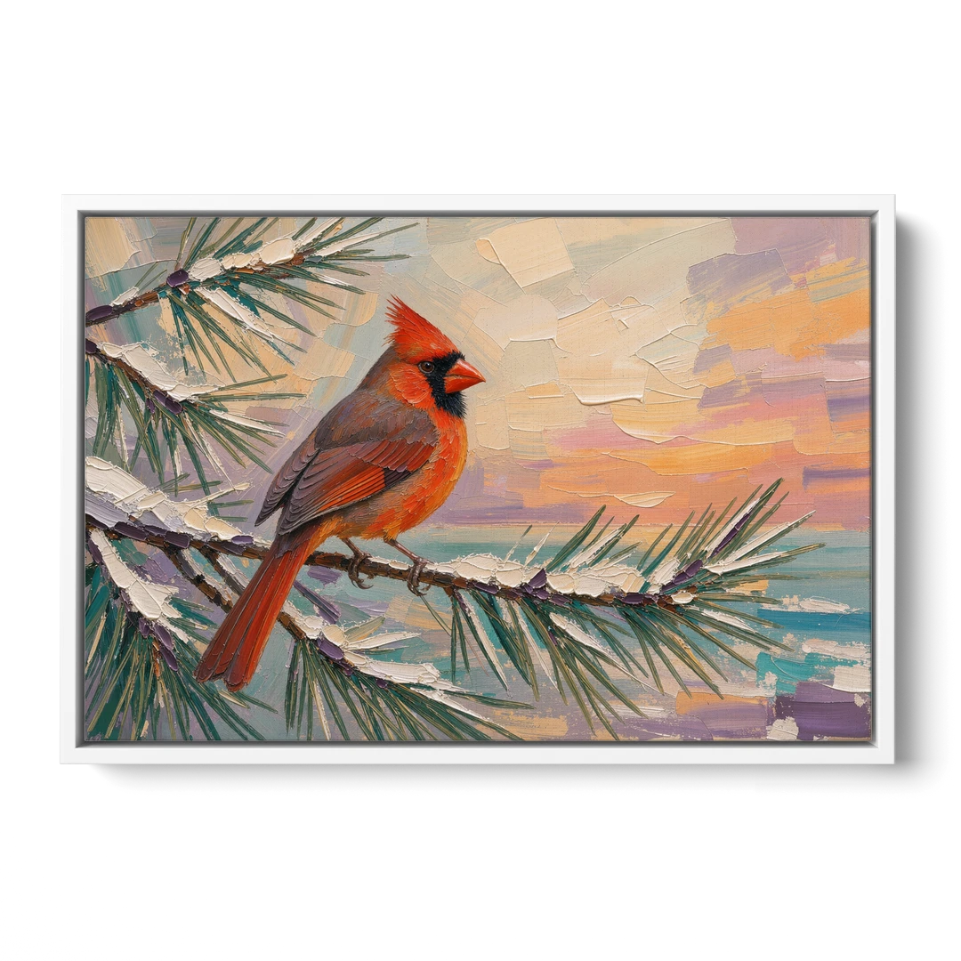 Cardinal Bird Painting at Winter Sunset - White Framed Canvas Wall Art - Front