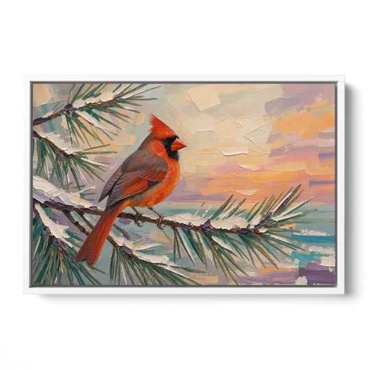 Cardinal Bird Painting at Winter Sunset - White Framed Canvas Wall Art - Front