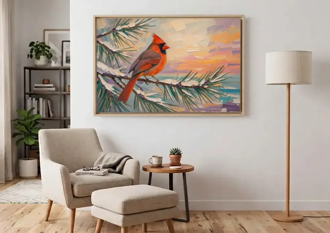 Cardinal Bird Painting at Winter Sunset canvas wall art above an armchair in a bright living room