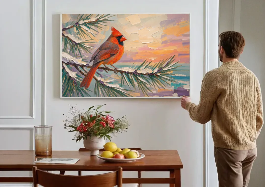 Cardinal Bird Painting at Winter Sunset canvas wall art above a dining table