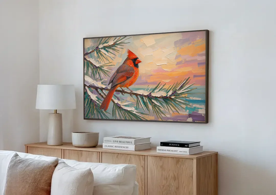 Cardinal Bird Painting at Winter Sunset canvas wall art above a wooden sideboard next to a sofa