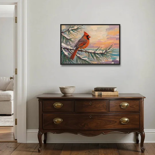 Cardinal Bird Painting at Winter Sunset - Black Framed Canvas Wall Art - Coffee Table - 36x24