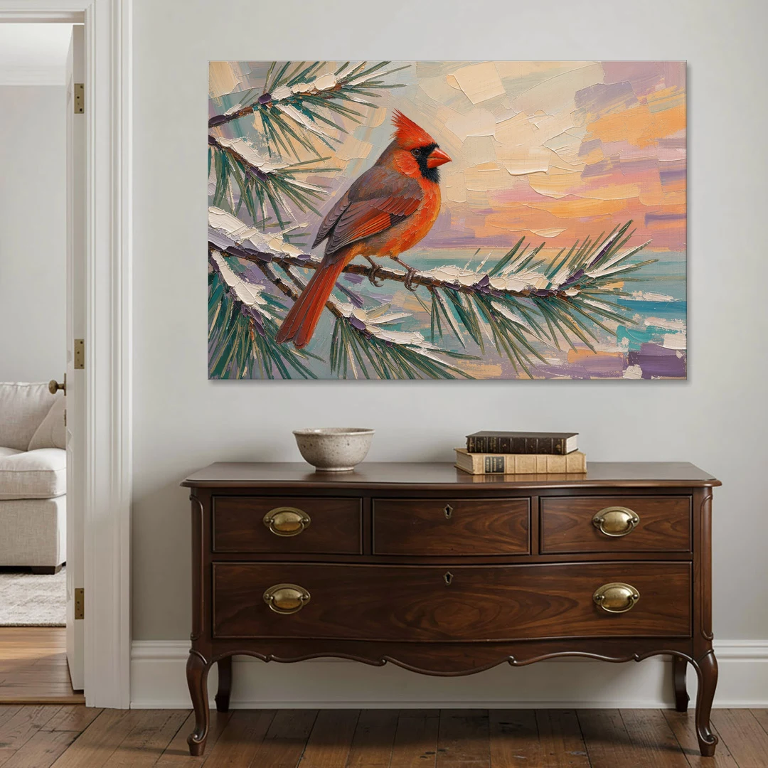 Cardinal Bird Painting at Winter Sunset - Canvas Wall Art - Coffee Table - 60x40