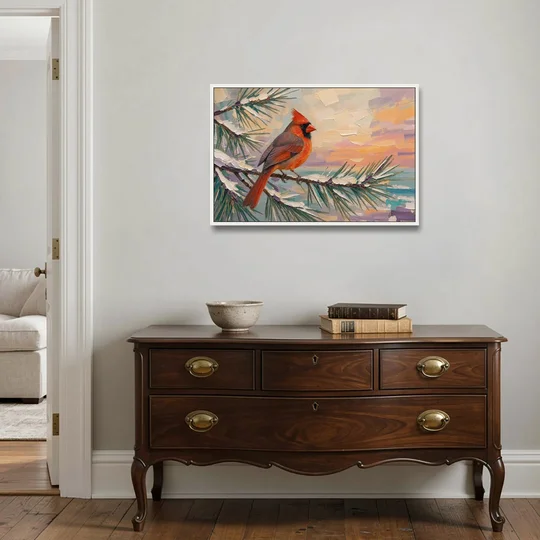 Cardinal Bird Painting at Winter Sunset - White Framed Canvas Wall Art - Coffee Table - 36x24