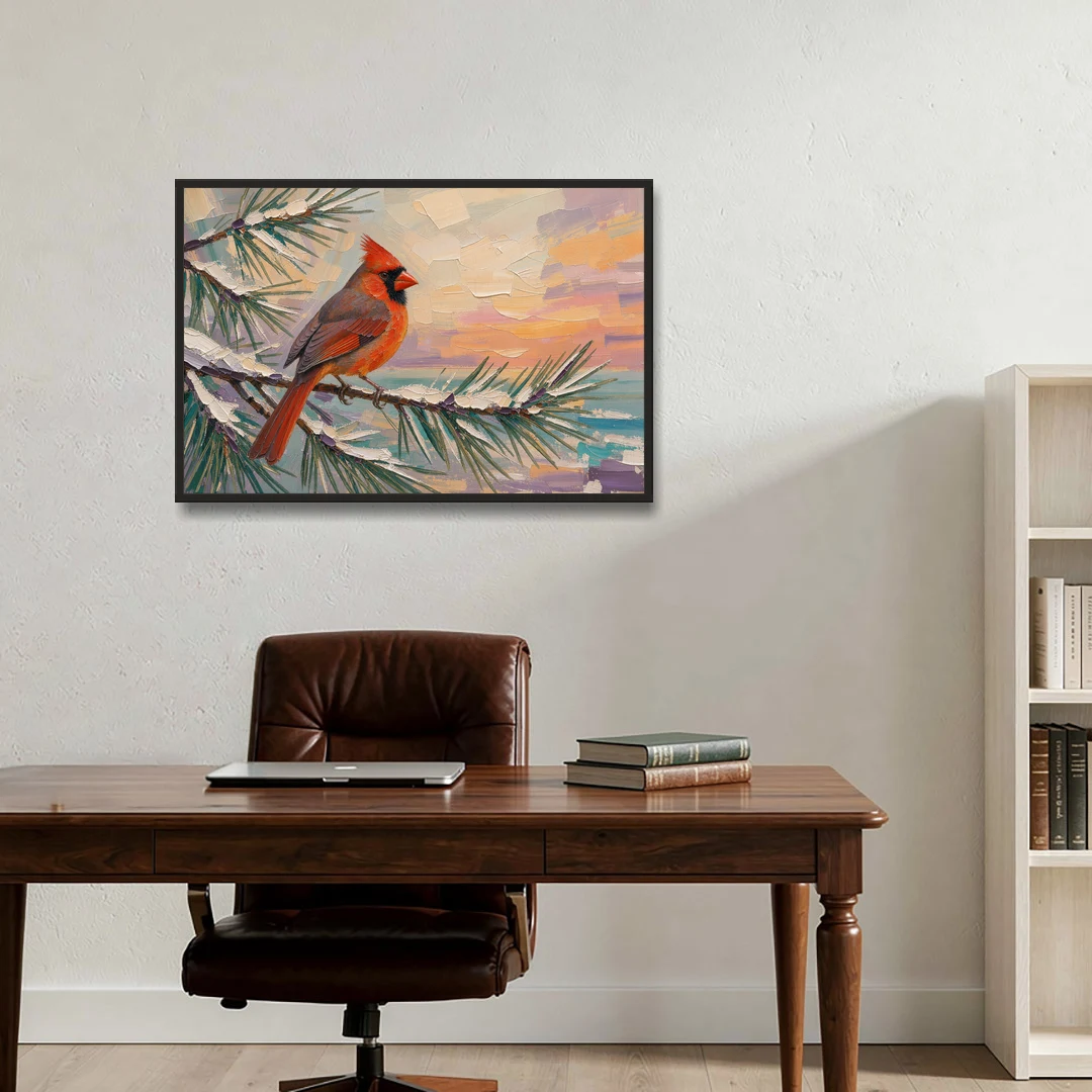Cardinal Bird Painting at Winter Sunset - Black Framed Canvas Wall Art - Office - 36x24