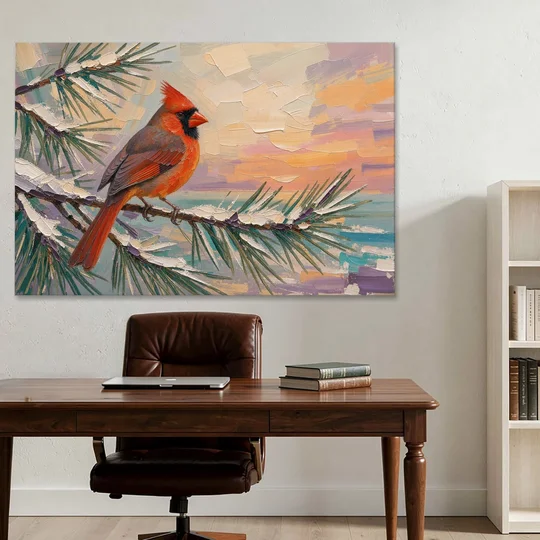Cardinal Bird Painting at Winter Sunset - Canvas Wall Art - Office - 60x40