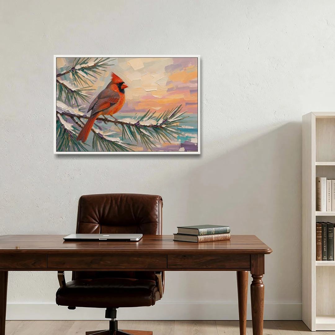 Cardinal Bird Painting at Winter Sunset - White Framed Canvas Wall Art - Office - 36x24