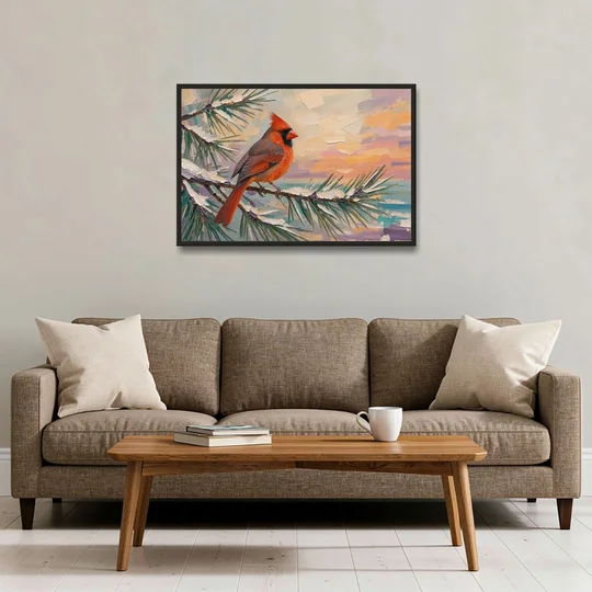 Cardinal Bird Painting at Winter Sunset - Black Framed Canvas Wall Art - Sofa - 36x24