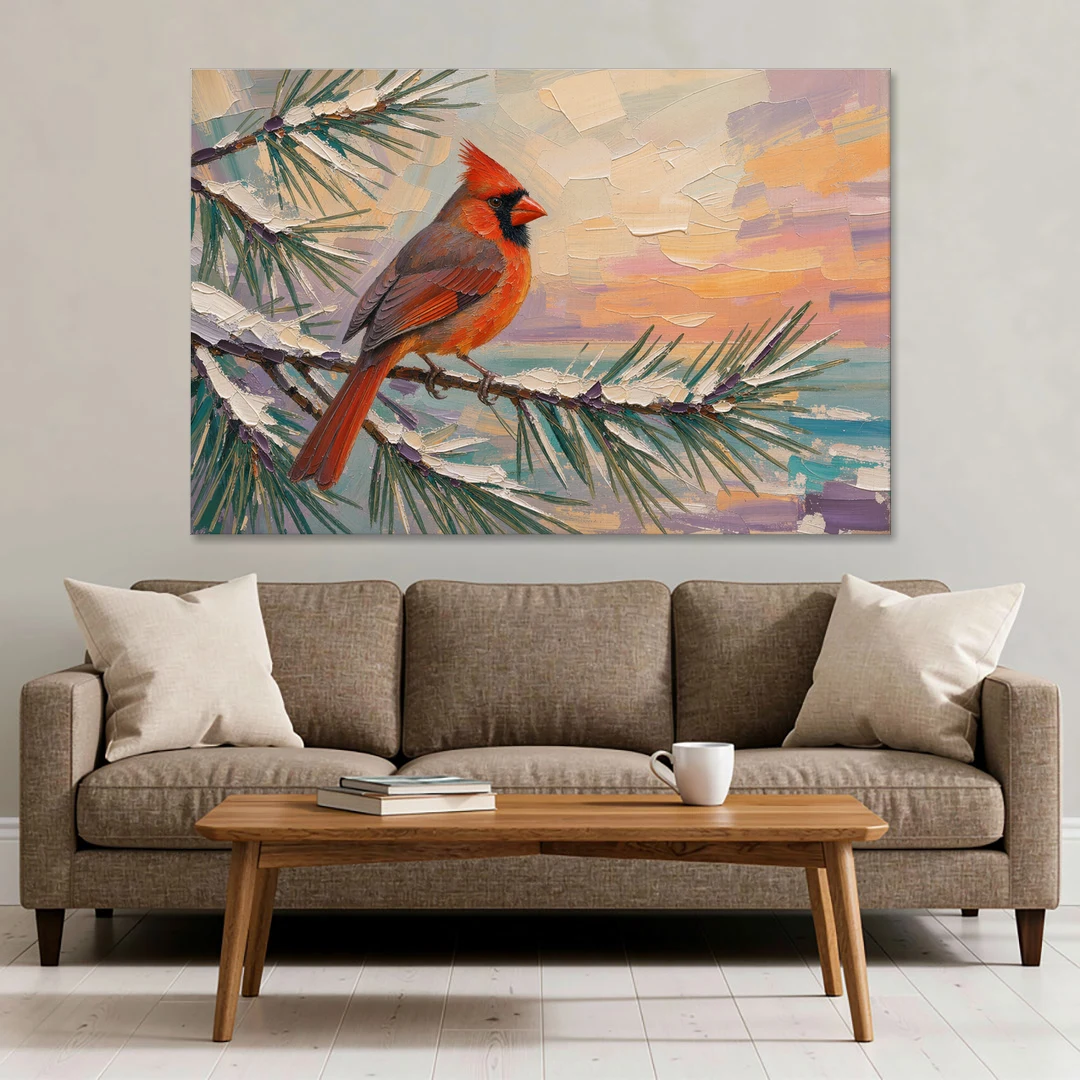 Cardinal Bird Painting at Winter Sunset - Canvas Wall Art - Sofa - 60x40
