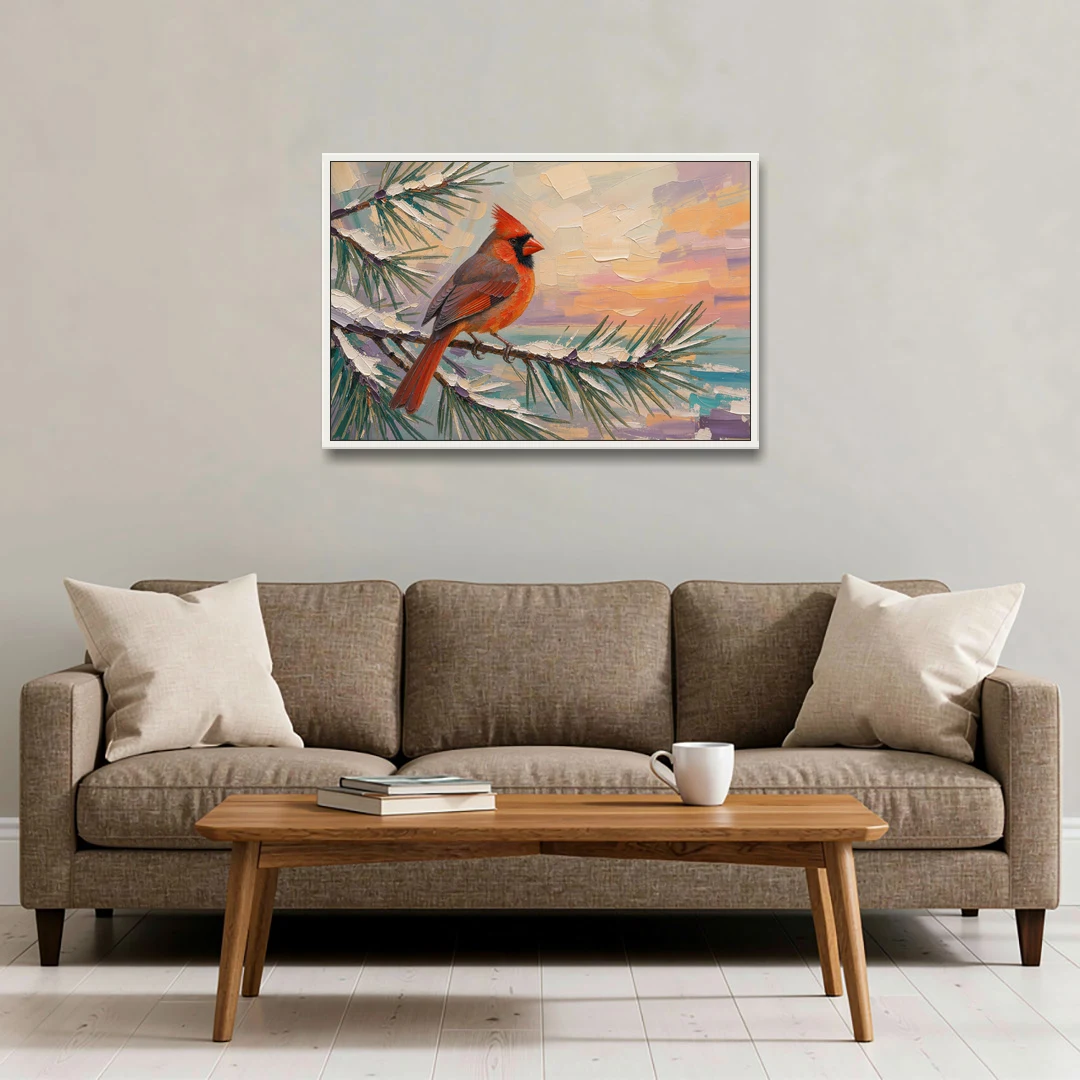 Cardinal Bird Painting at Winter Sunset - White Framed Canvas Wall Art - Sofa - 36x24