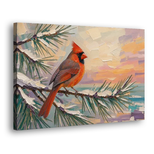 Cardinal Bird Painting at Winter Sunset - Canvas Wall Art - Side