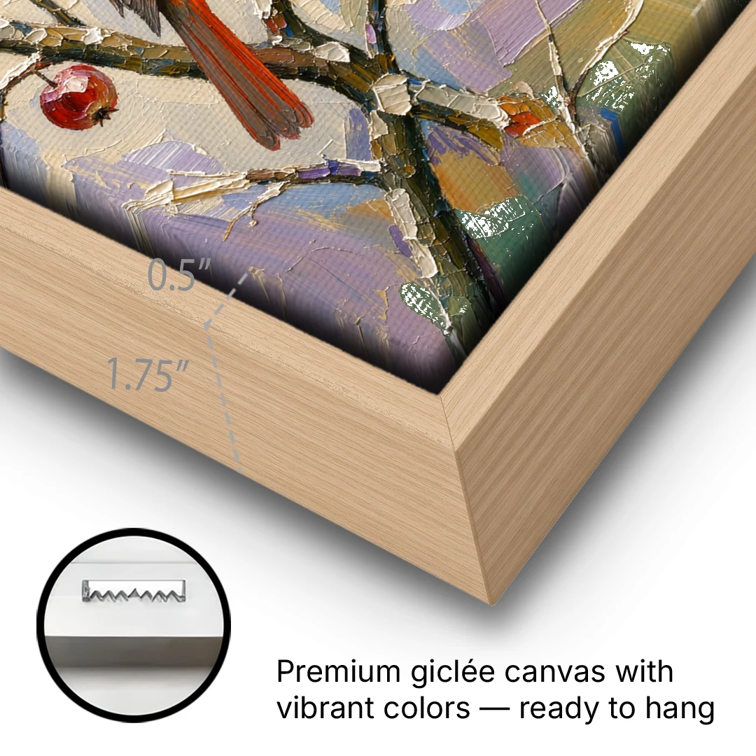 Cardinal Canvas Pair on Crabapple - Oak Framed Canvas Wall Art - Gallery Wrap Corner