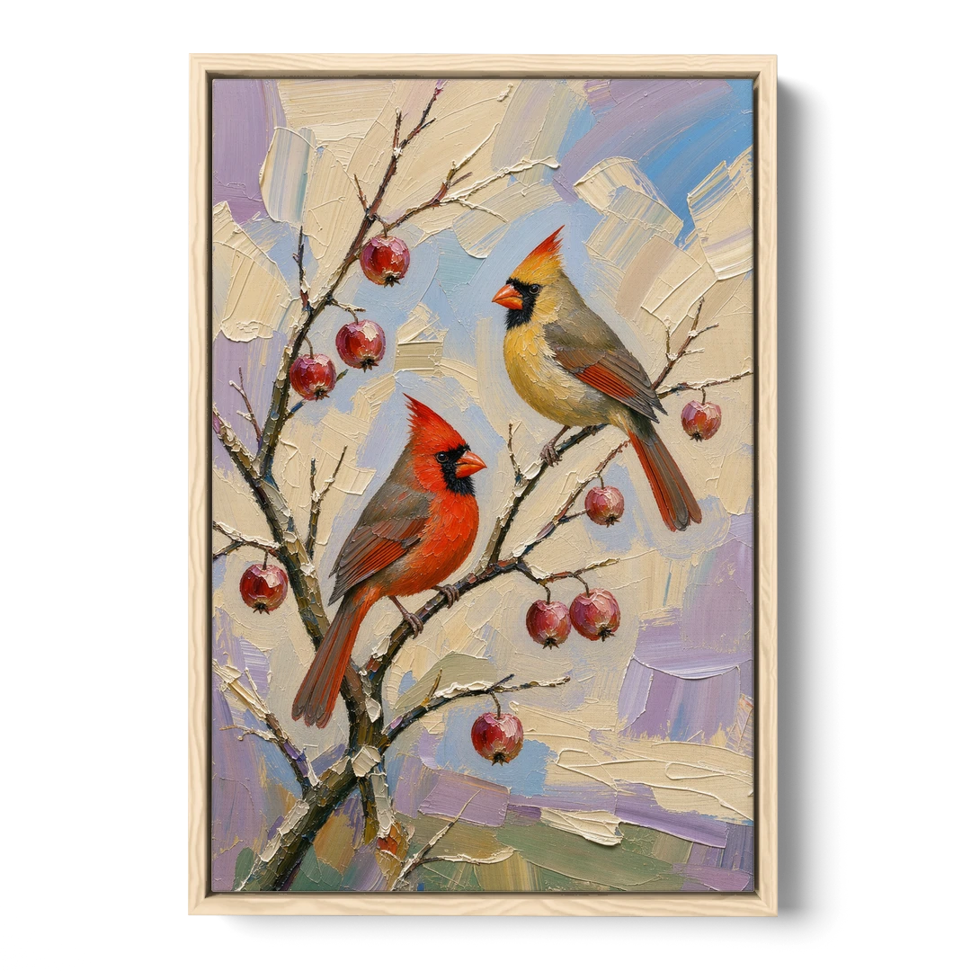 Cardinal Canvas Pair on Crabapple - Oak Framed Canvas Wall Art - Front
