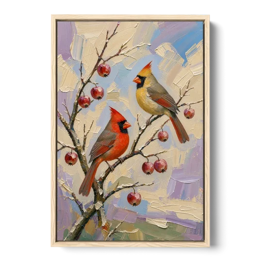 Cardinal Canvas Pair on Crabapple - Oak Framed Canvas Wall Art - Front