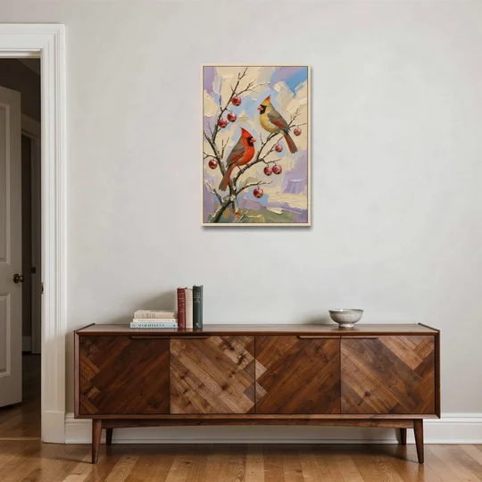 Cardinal Canvas Pair on Crabapple - Oak Framed Canvas Wall Art - Coffee Table - 24x36
