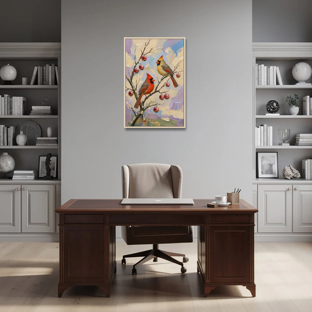 Cardinal Canvas Pair on Crabapple - Oak Framed Canvas Wall Art - Office - 24x36