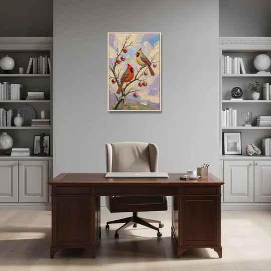 Cardinal Canvas Pair on Crabapple - Oak Framed Canvas Wall Art - Office - 24x36