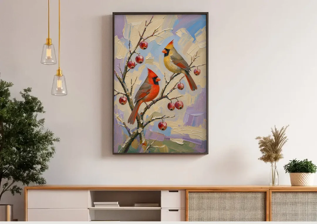 Cardinal Canvas Pair on Crabapple canvas wall art above a wooden sideboard under pendant lights