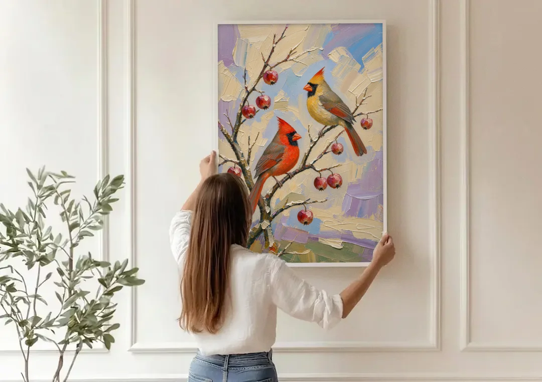 Cardinal Canvas Pair on Crabapple canvas wall art being hung on a paneled wall