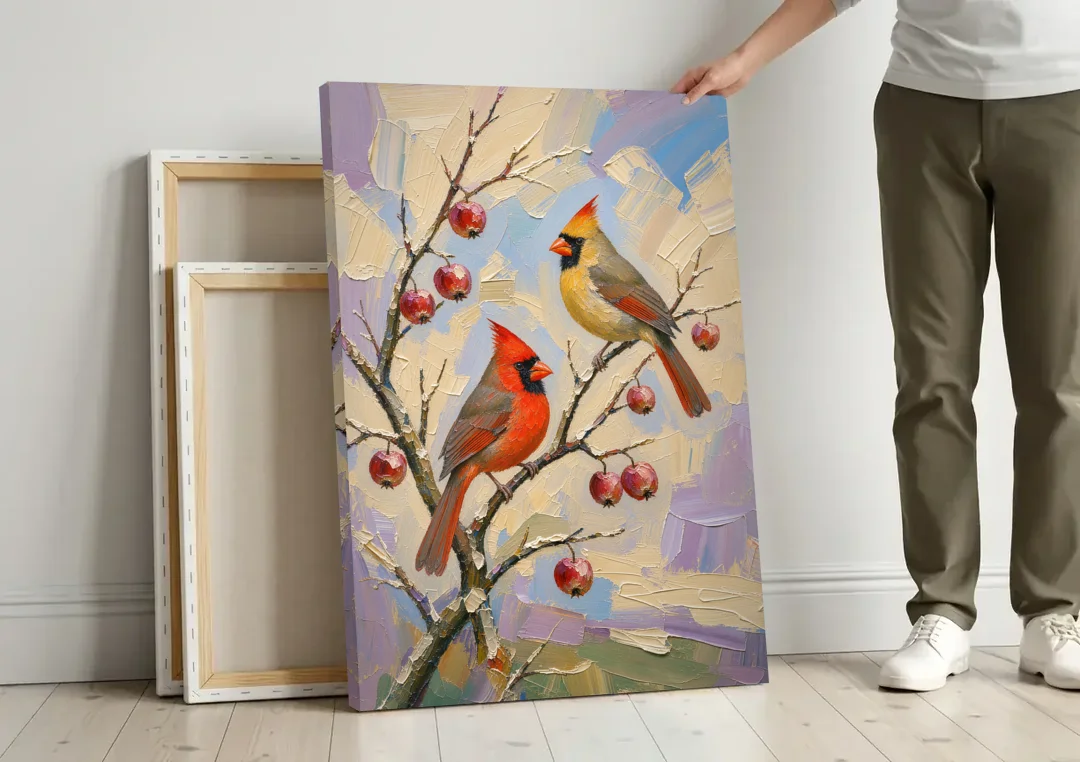 Cardinal Canvas Pair on Crabapple canvas wall art leaning against a wall next to blank canvases
